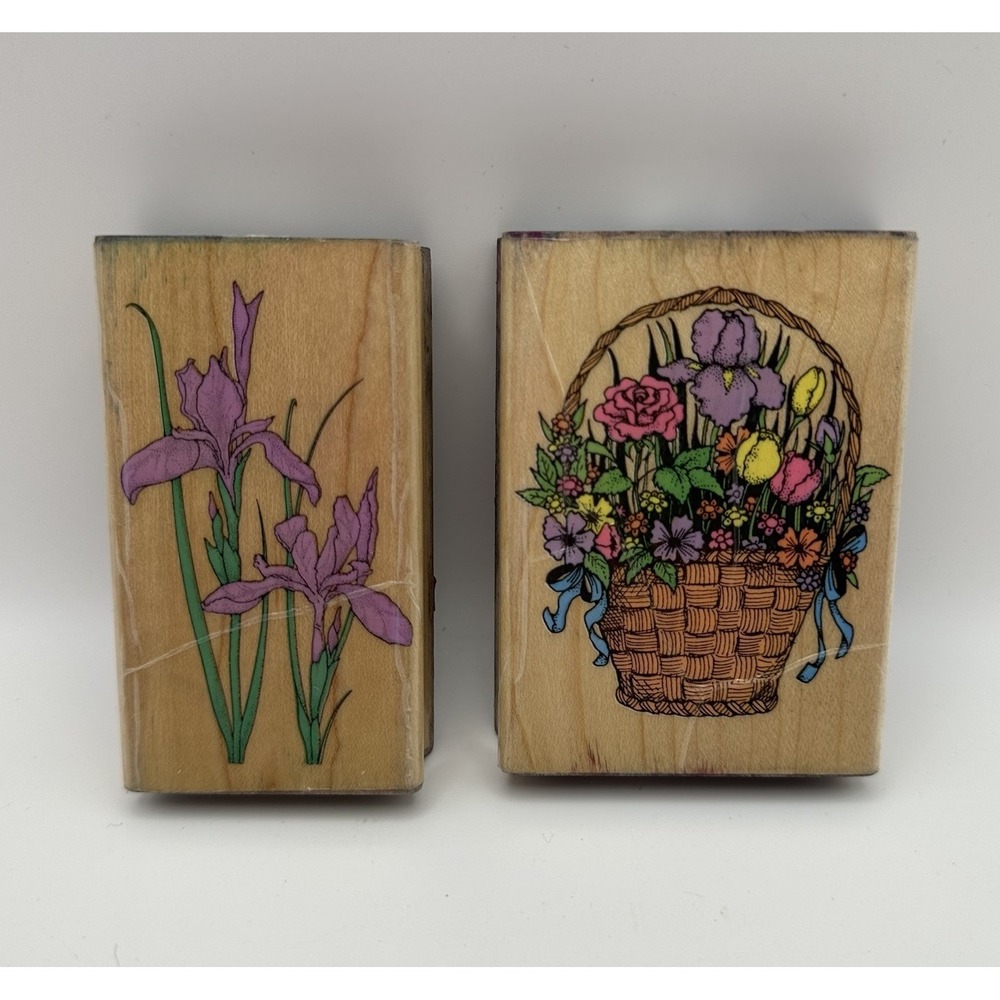 Hero Arts Flower Basket G508 Two Irises F213 Wood Mount Rubber Stamp Lot Vintage